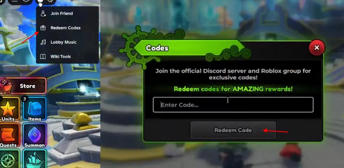 Anime Expeditions code redemption menu on Roblox